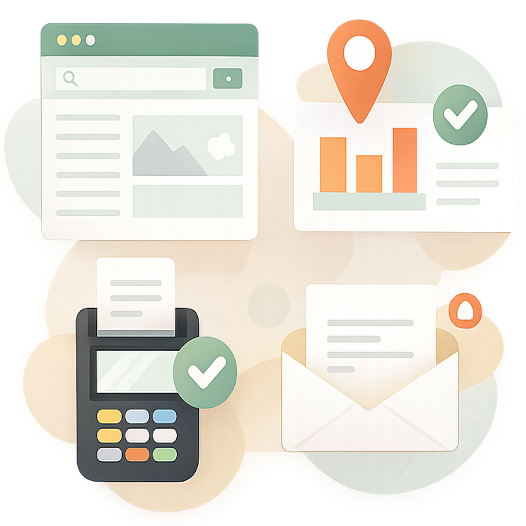 Illustration showing website, visibility, payments, and admin support